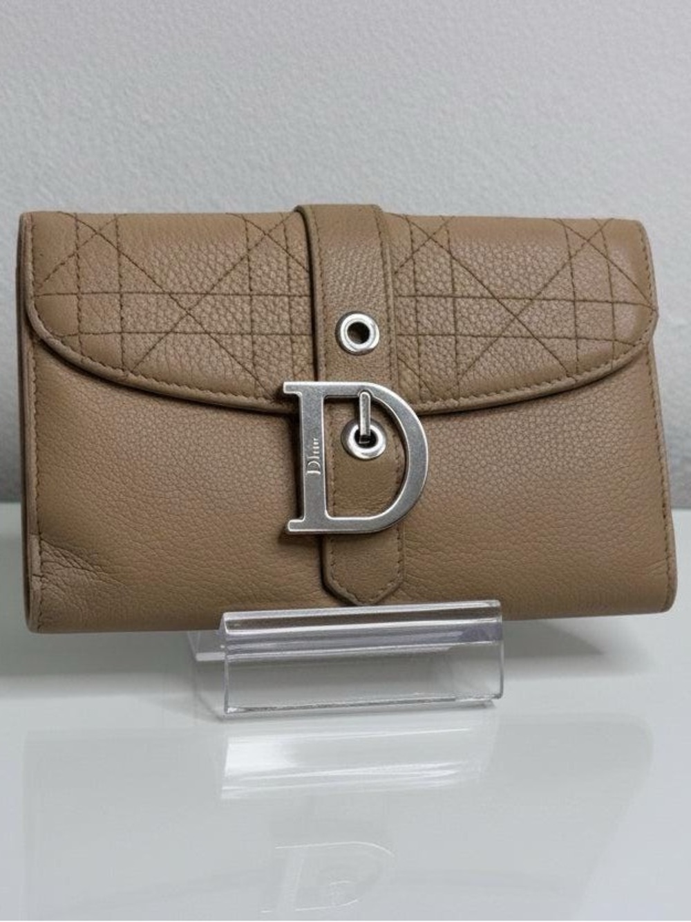 Dior Taupe Brown Leather Wallet with Silver 'D' Logo